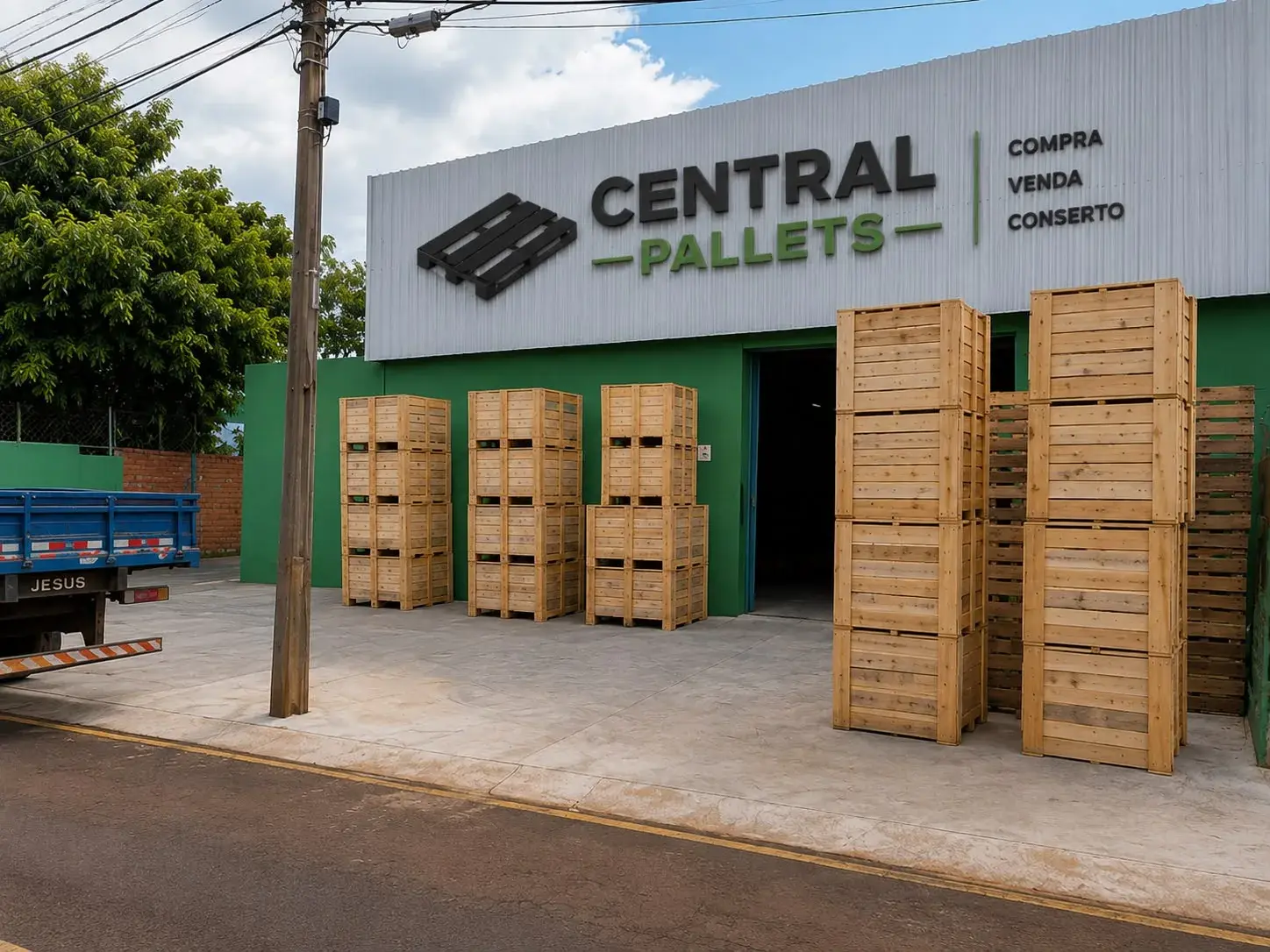 Fachada da Central Pallets em Londrina com pallets e caixas de madeira